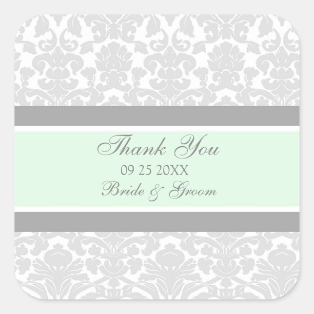 Gray Mint Damask Vielen Dank Gastgeschenk Hochzeit Quadratischer Aufkleber (Vorderseite)
