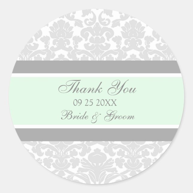 Gray Mint Damask Vielen Dank Gastgeschenk Hochzeit Runder Aufkleber (Vorderseite)