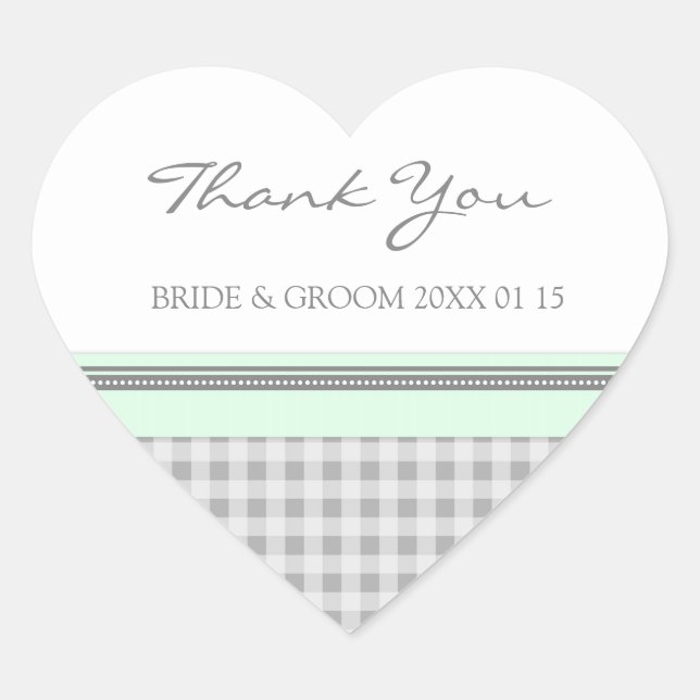 Gray Mint Gingham Vielen Dank Gastgeschenk Hochzei Herz-Aufkleber (Vorderseite)