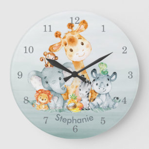 Gray Mint Watercolor Cute Safari Jungle Animals Große Wanduhr