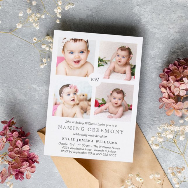 Gray Mit Monogramm Fotocollage Namemony Feiertagskarte (Von Creator hochgeladen)