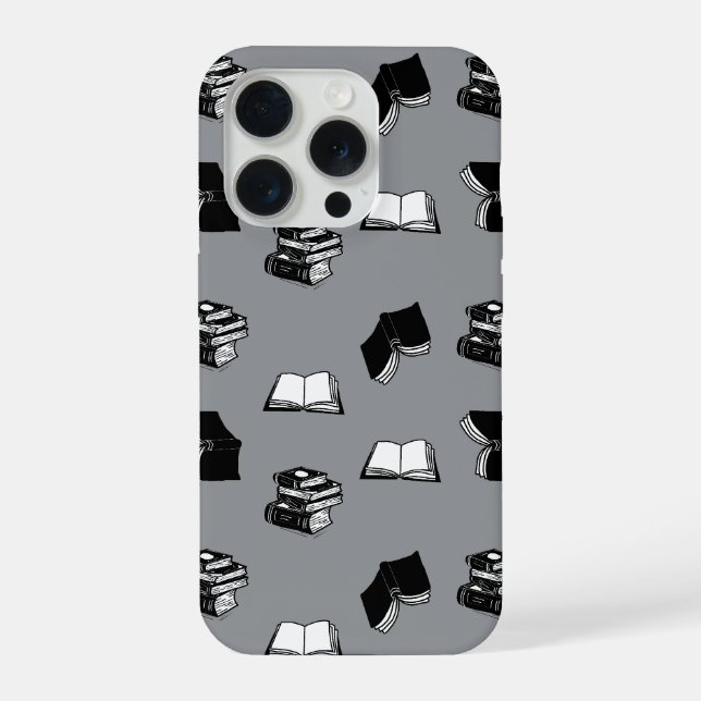 Gray Modern Bookish Bibliophile Book Pattern iPhone Hülle (Rückseite)