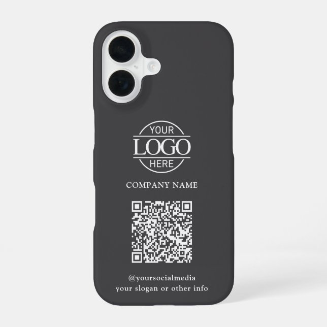 Gray Modern Business Logo & QR Code Promotional iPhone 16 Hülle (Rückseite)