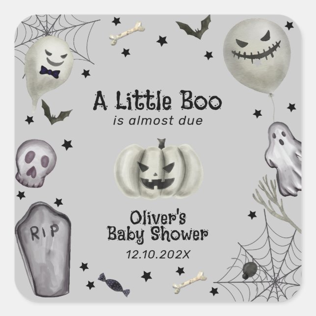 Gray Modern Little Boo Ghost Boy Baby Dusche Quadratischer Aufkleber (Vorderseite)