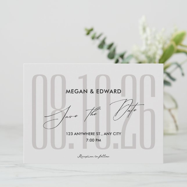 Gray Moderne Hochzeit Save The Date (Stehend Vorderseite)