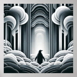 Gray Monochromatic Lovey Baby Penguin Art Deco Poster