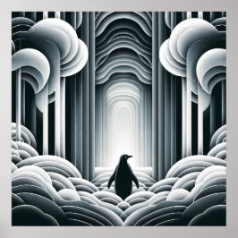 Gray Monochromatic Lovey Baby Penguin Art Deco Poster