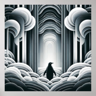 Gray Monochromatic Lovey Baby Penguin Art Deco Poster