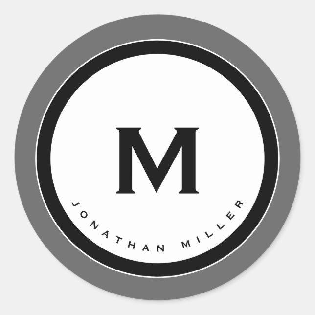 Gray Monogram Medallion mit Initial & Name Runder Aufkleber (Vorderseite)