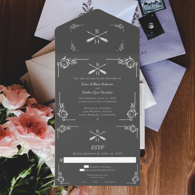 Gray Monogram und Arrows Wedding All In One Einladung (Gray Monogram and Arrows Wedding All in One Invitation)