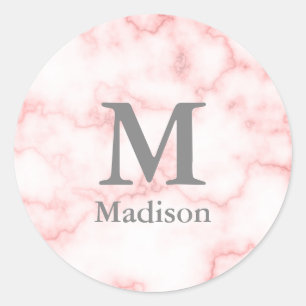 Gray Monogram und Name auf Imitaten Rosa Marmor Runder Aufkleber