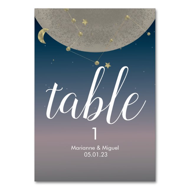 Gray Moon Constellation Ombre Sky Wedding Tischnummer (Vorderseite)
