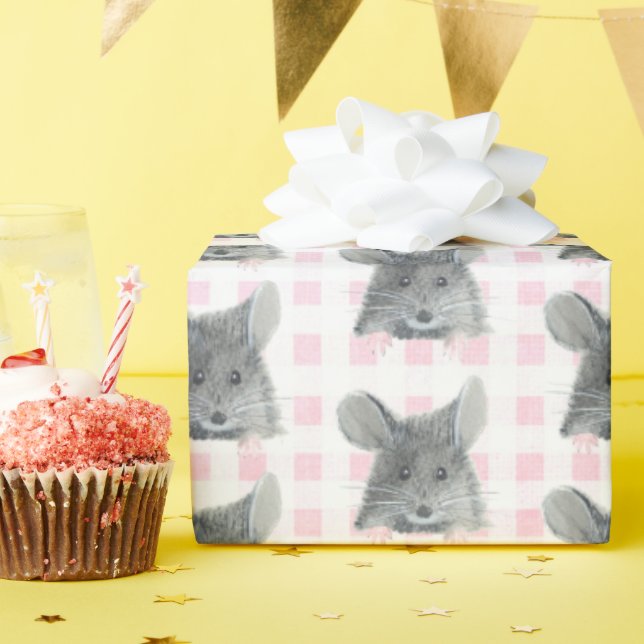 Gray Mouse auf Gingham Geschenkpapier (Geburtstagsparty)