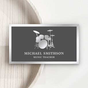 Gray Music Teacher Silver Foil Drum Kit Drummer Visitenkarte