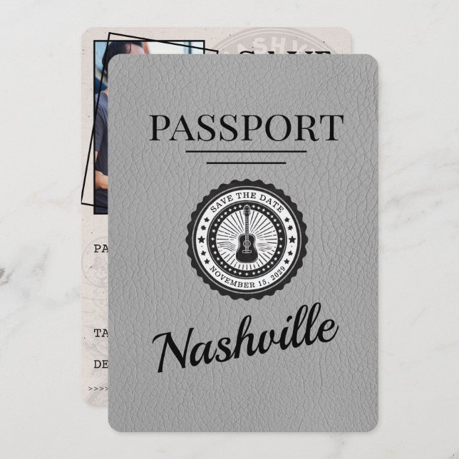 Gray Nashville Passport Save the Date (Vorne/Hinten)