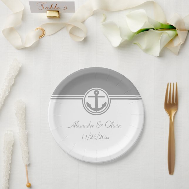 Gray Nautical Anchor Pappteller (Hochzeit)