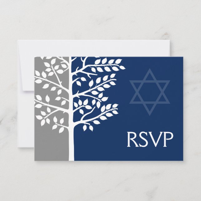 Gray Navy Blauer Baum des Lebens Bar Mitzvah UAWG RSVP Karte (Vorderseite)