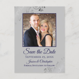 Gray & Navy Blue Lacy Wedding Save the Date Foto Ankündigungspostkarte