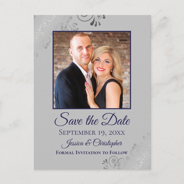 Gray & Navy Blue Lacy Wedding Save the Date Foto Ankündigungspostkarte (Vorderseite)