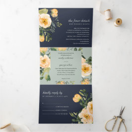 GRAY NAVY PEACH PEONY FLORAL WATERCOLOR WEDD DREIFACH GEFALTETE EINLADUNG