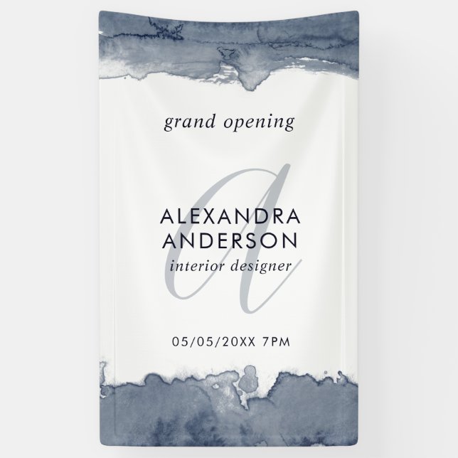 Gray Navy Watercolor Monogram Grand Opening Banner (Vertikal)
