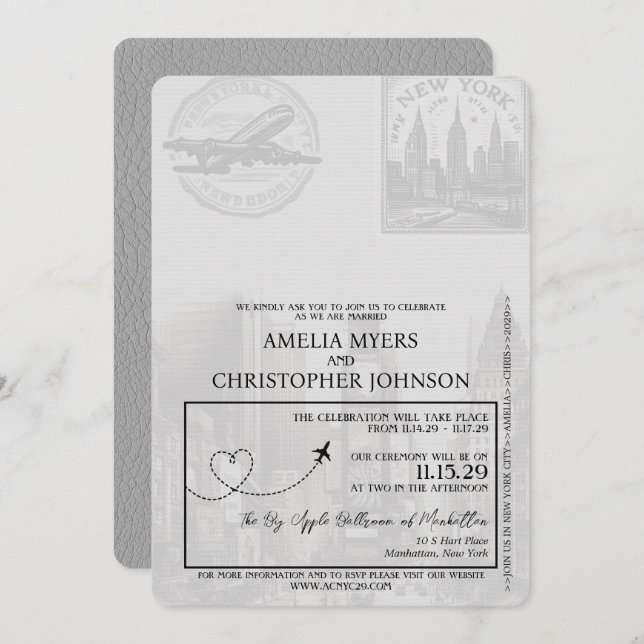 Gray New York City Passport Wedding Einladung (Vorne/Hinten)