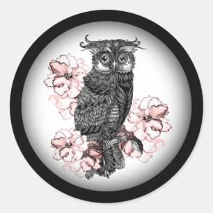 Gray Owl Pink Orchids Runder Aufkleber