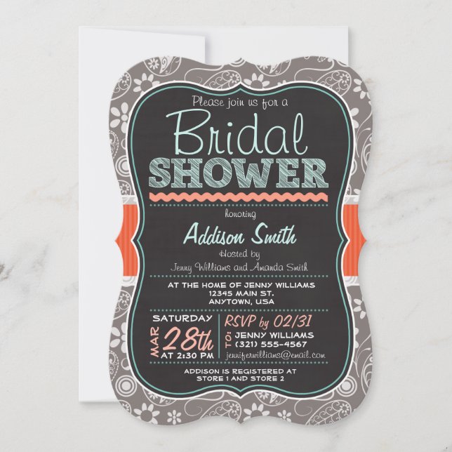 Gray Paisley Chalkboard Look Brautparty Einladung (Vorderseite)