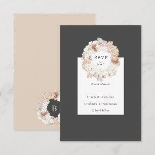 Gray Pampas Charcoal Wreath Boho Monogram Wedding RSVP Karte