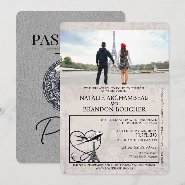 Gray Paris Passport Wedding Einladung (Vorne/Hinten)