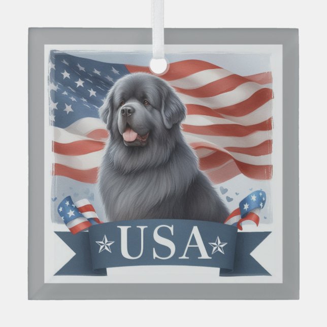 Gray Patriotic Newfoundland Dog Square Ornament Aus Glas (Vorderseite)