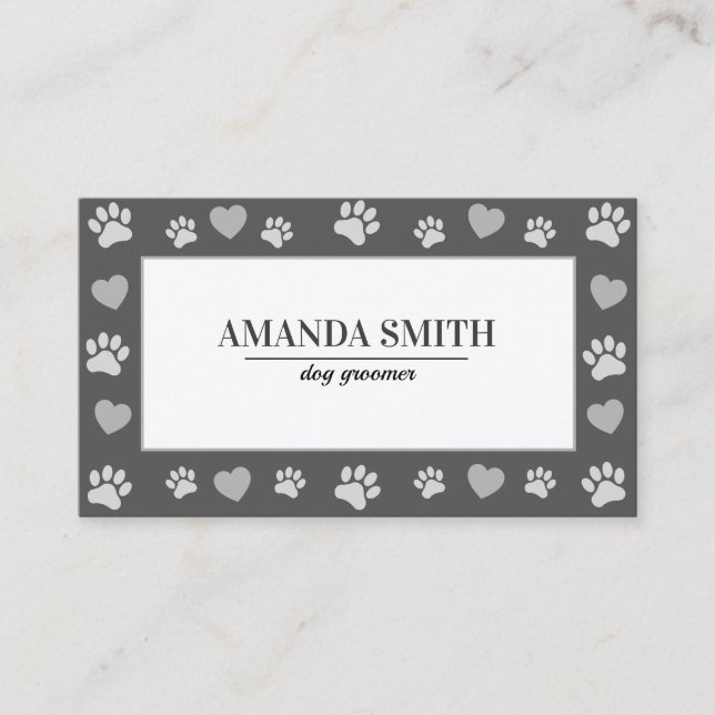 Gray Paw Prints Dog Groomer Business Card Visitenkarte (Vorderseite)
