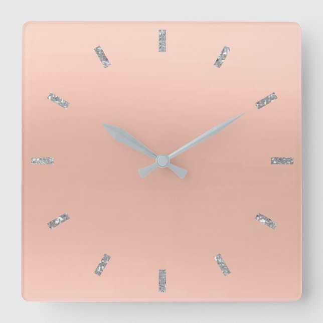 Gray Peach Pastel Skinny Ombre Minimaler Glitzer Quadratische Wanduhr (Vorderseite)