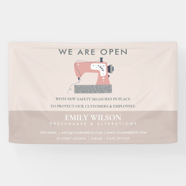GRAY PEACH PINK SEWING MACHINE TAILOR WIEDER ÖFFNE BANNER (Horizontal)