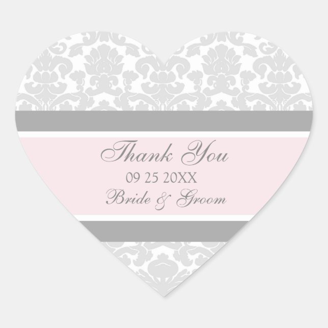 Gray Pink Damask Vielen Dank Gastgeschenk Hochzeit Herz-Aufkleber (Vorderseite)