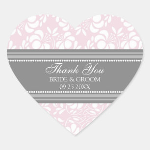 Gray Pink Damask Vielen Dank Gastgeschenk Hochzeit Herz-Aufkleber