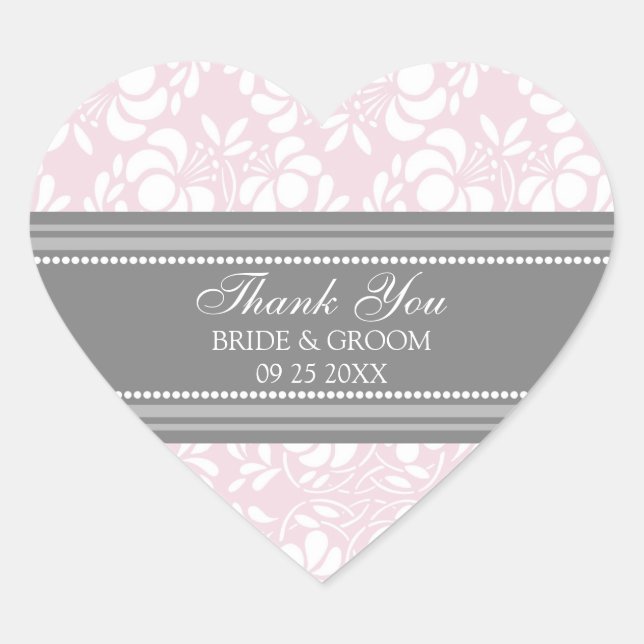 Gray Pink Damask Vielen Dank Gastgeschenk Hochzeit Herz-Aufkleber (Vorderseite)