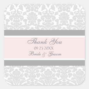 Gray Pink Damask Vielen Dank Gastgeschenk Hochzeit Quadratischer Aufkleber