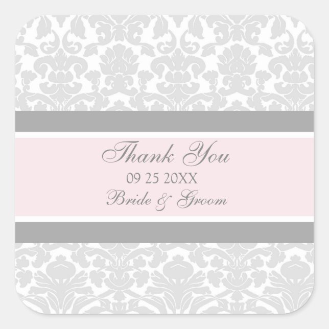 Gray Pink Damask Vielen Dank Gastgeschenk Hochzeit Quadratischer Aufkleber (Vorderseite)