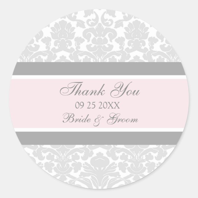 Gray Pink Damask Vielen Dank Gastgeschenk Hochzeit Runder Aufkleber (Vorderseite)