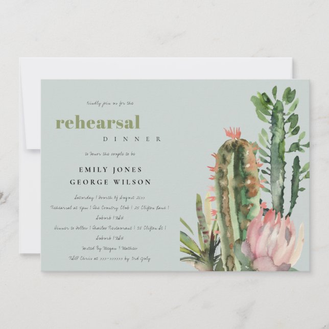 GRAY PINK FLORAL CACTI FOLIAGE PROBE DINNER EINLADUNG (Vorderseite)