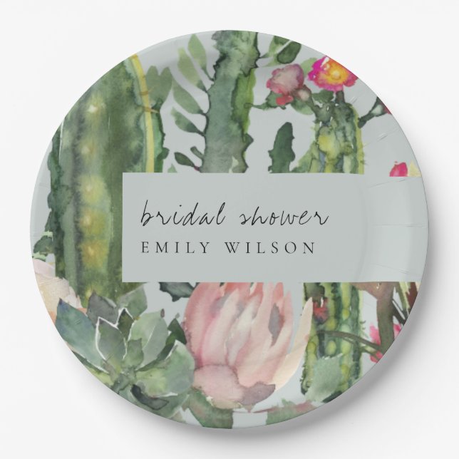 GRAY PINK FLORAL DESERT CACTI FAUNA BRAUTPARTY PAPPTELLER (Vorderseite)