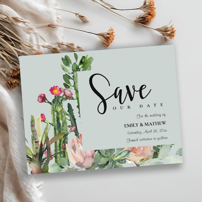 GRAY PINK FLORAL DESERT CACTI FAUNA SAVE THE DATE ANKÜNDIGUNGSPOSTKARTE (Von Creator hochgeladen)