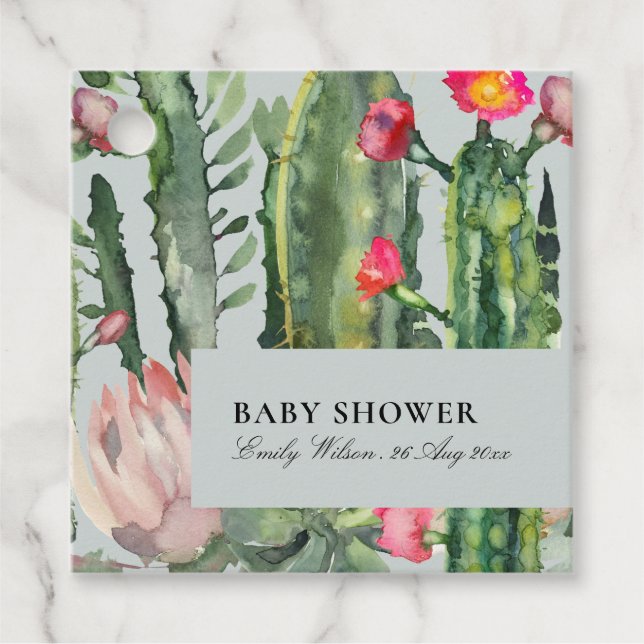 GRAY PINK FLORAL DESERT CACTI FOLIAGE BABY DUSCHE GESCHENKANHÄNGER (Vorderseite)