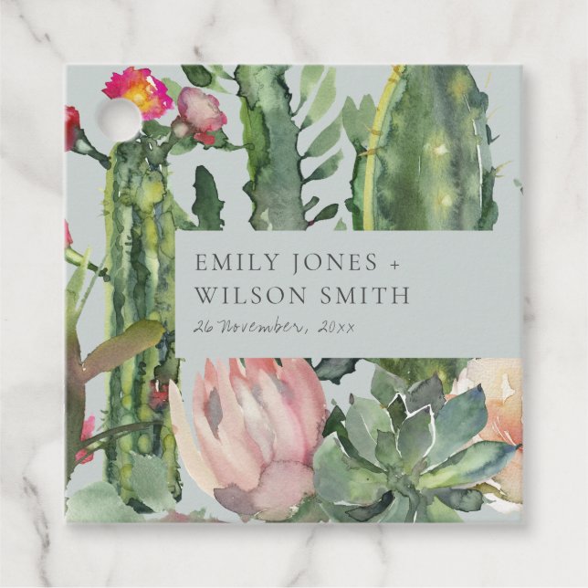 GRAY PINK FLORAL DESERT CACTI FOLIAGE WEDD GESCHENKANHÄNGER (Vorderseite)