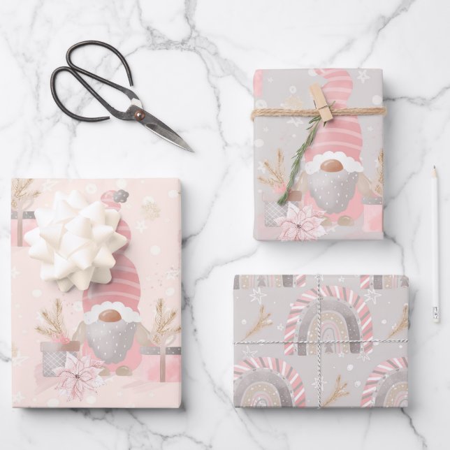 GRAY & PINK WATERCOLOR URLAUB GNOME THEMA GESCHENKPAPIER SET (Vorderseite)