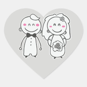 Gray & Pink Wedding Cartoon Bride & Groom Herz-Aufkleber