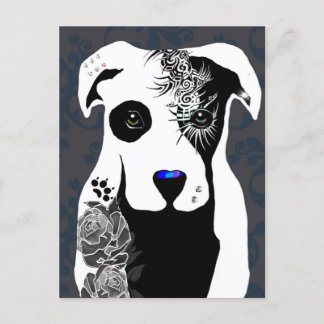 Gray Pit bull dog tattoos and piercing rose  Postkarte