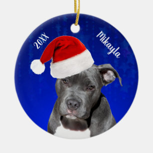 Gray Pit Bull mit Weihnachtsmannmütze Weihnachten  Keramik Ornament