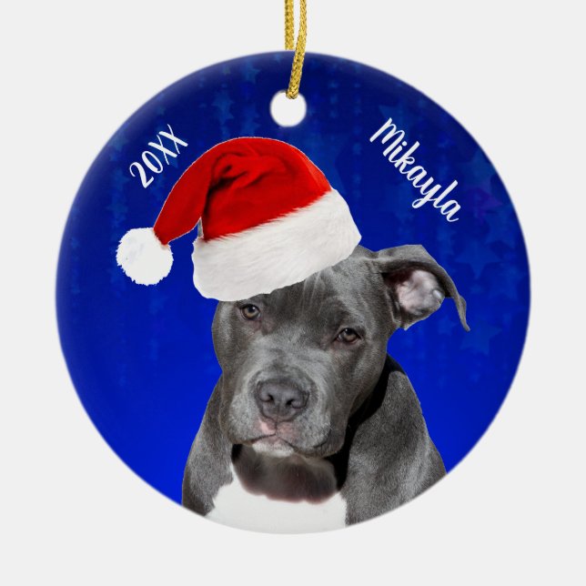 Gray Pit Bull mit Weihnachtsmannmütze Weihnachten  Keramik Ornament (Vorne)